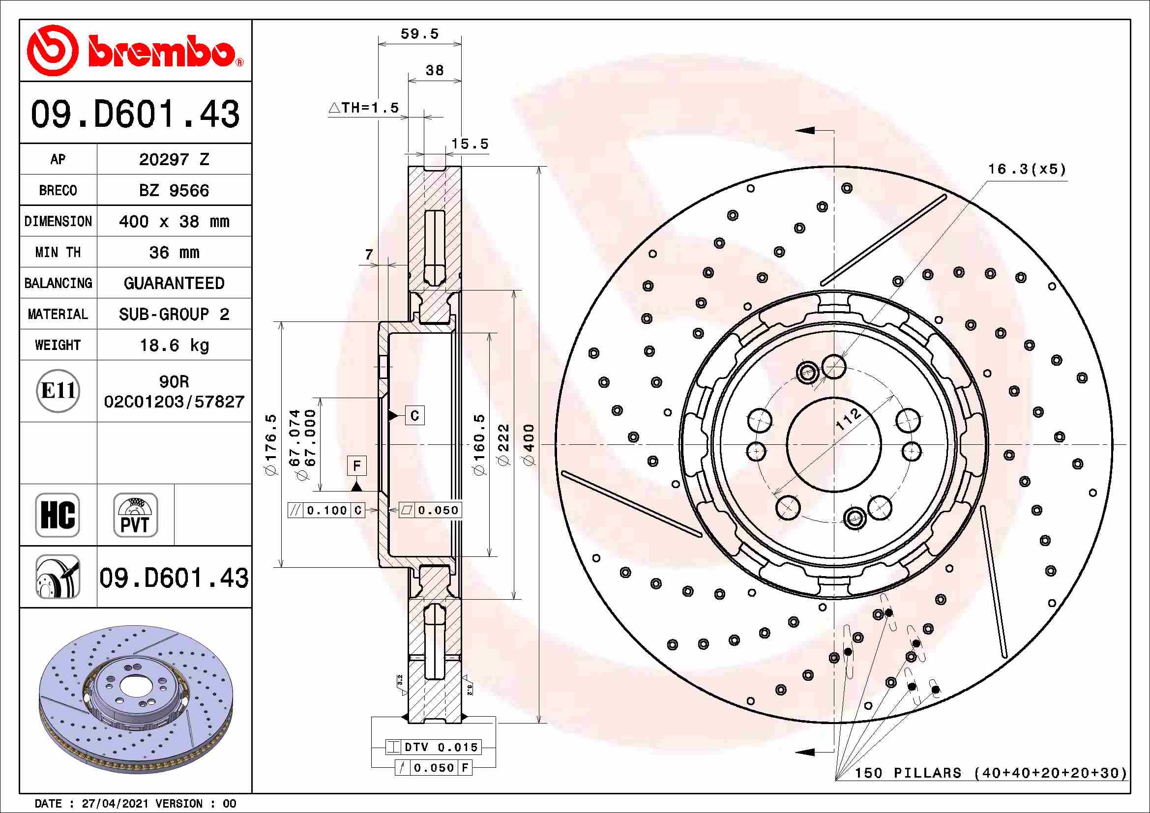 Disc frana BREMBO Fata Dreapta/Stanga MERCEDES GLE C167 V167 3.0H/4.0H 04.19- Diametru 400mm Grosime 38mm 5 Gauri Ventilat Intern