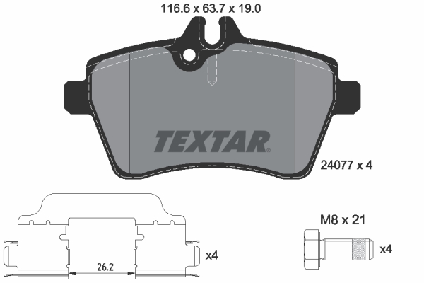 Set placute frana Fata TEXTAR Mercedes A W169 B W245 1.5-Electric 09.04-06.12 Inaltime 63.7mm Latime 116.4mm Grosime 19.0mm