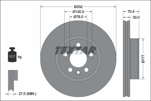 Disc frana fata TEXTAR ventilat VW MULTIVAN T7 1.4H-2.0D 08.21- diametru 332mm grosime 30mm 5 gauri montare dreapta/stanga