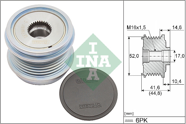 Sistem roata libera generator INA Rulita alternator AUDI SEAT SKODA Diametru interior 17mm exterior 58mm Latime 44.8mm 6 striatii