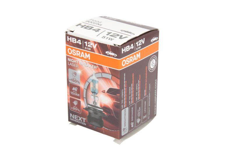 Bec far faza lunga OSRAM HB4 12V 51W P22D lumina 150m luminozitate 150% mai mare 20% lumina mai alba Night Breaker Laser alb