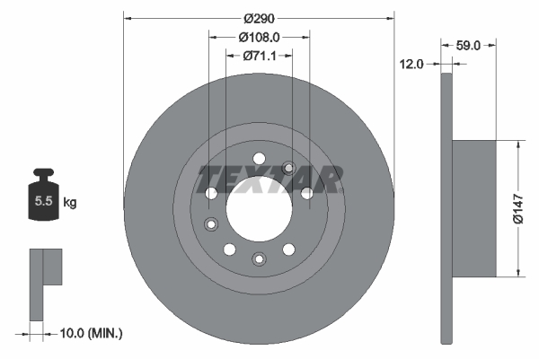 Disc frana TEXTAR Spate Dreapta/Stanga Peugeot 508 I 1.6-2.2D 11.10-12.18 Diametru 290mm Inaltime 59mm Grosime 12mm 5 Gauri