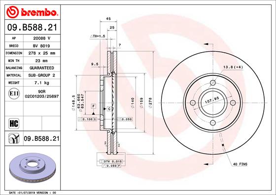 Disc frana BREMBO Fata Dreapta/Stanga Ford Fiesta V 2.0 03.05-06.08 278mm 45mm 25mm 4 Gauri Ventilat Intern