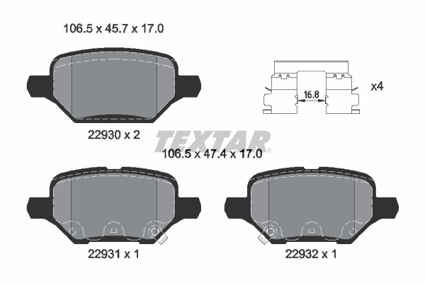 Set placute frana disc spate TEXTAR OPEL MOKKA X 1.4-1.7D 06.12- inaltime 45.7mm latime 106.5mm grosime 17.0mm senzor uzura Da