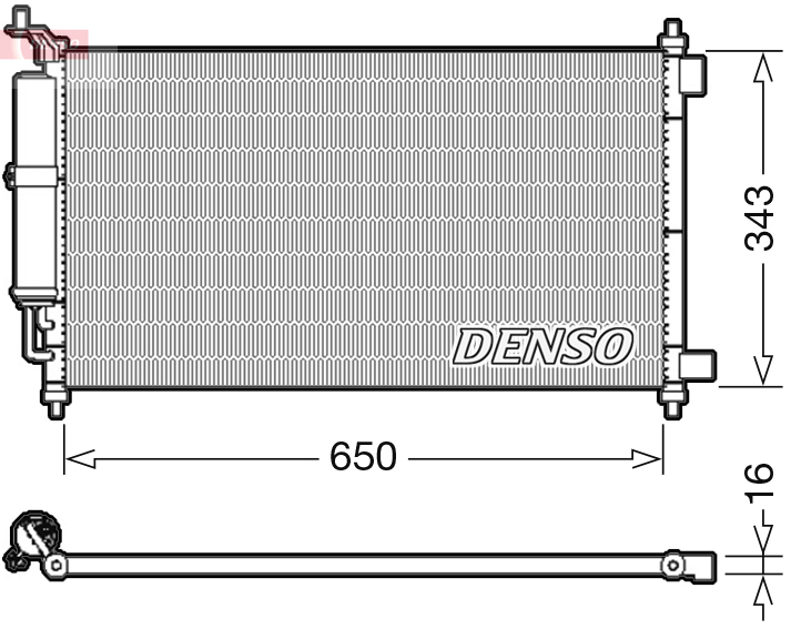 Condensator climatizare DENSO cu uscator Nissan Juke Micra Note Tiida 343mm inaltime 650mm latime 16mm grosime R134a