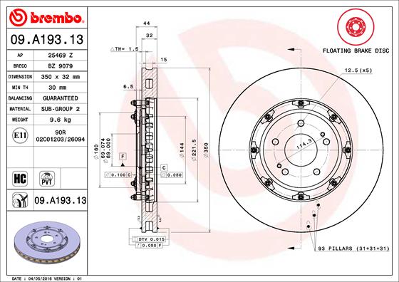 Disc frana BREMBO ventilat intern 350mm Fata Dreapta/Stanga Mitsubishi Lancer VIII 2.0 06.08- 5 gauri 32mm grosime