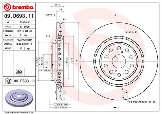 Disc Frana Fata Dreapta BREMBO Lexus LS 3.5-5.0H 04.06- Diametru 357mm Grosime 34mm 5 Gauri Ventilat Intern