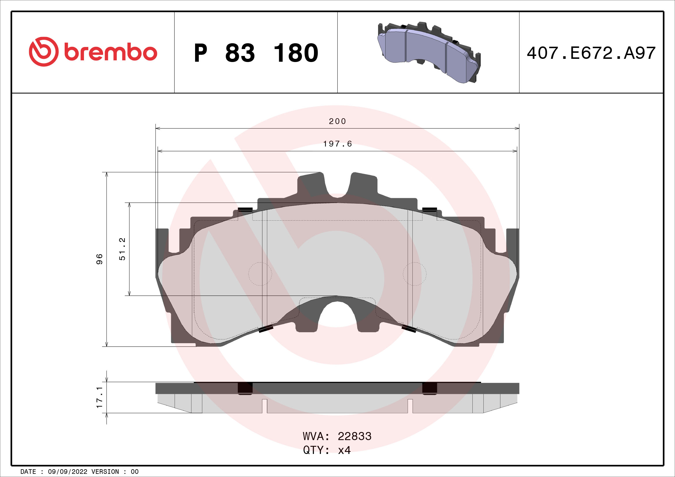 Set placute frana fata cu accesorii BREMBO 96.0mm inaltime 200.0mm latime 17.0mm grosime LEXUS LC LS 3.5/5.0 11.16-