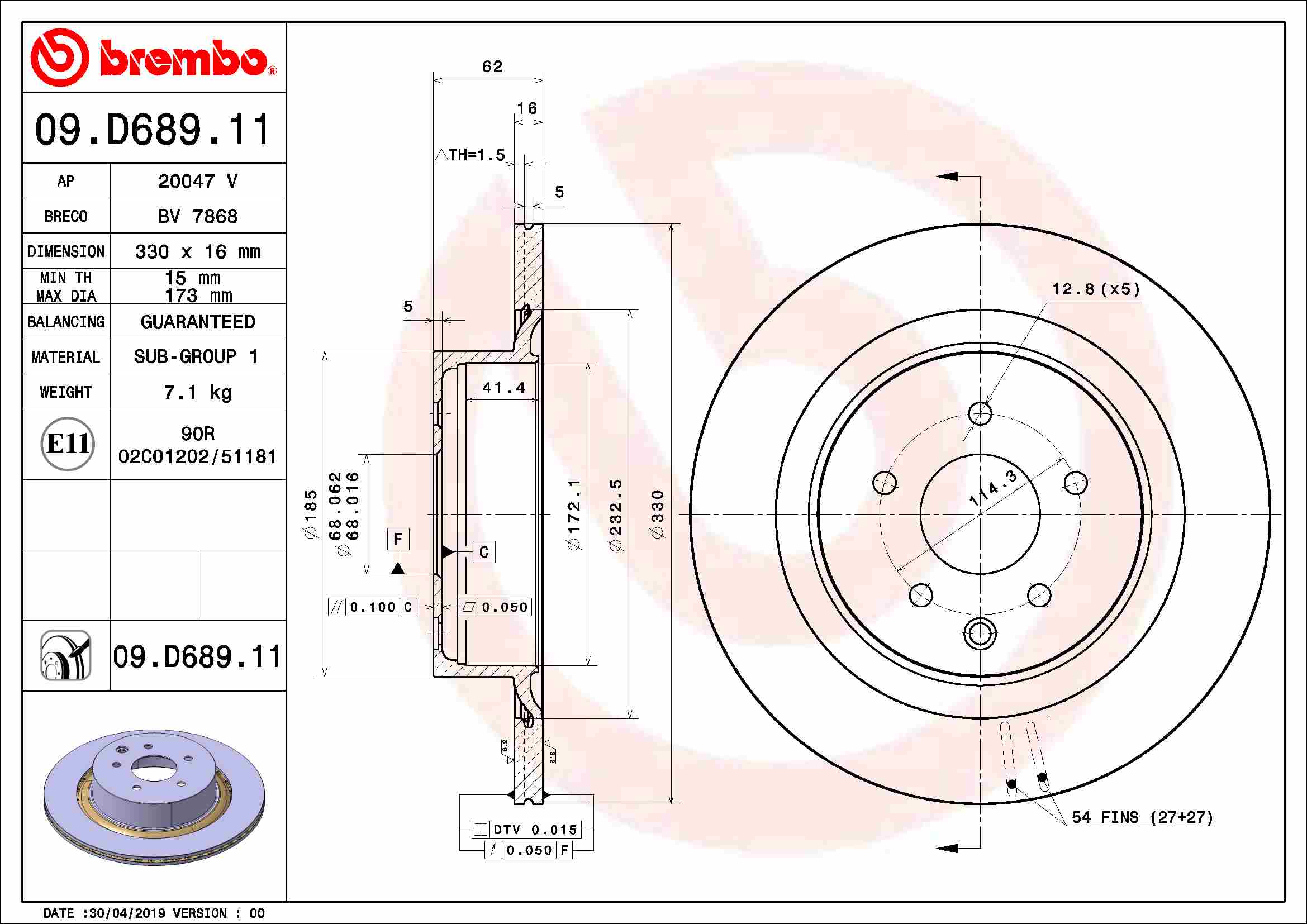 Disc Frana BREMBO Spate Dreapta/Stanga INFINITI EX G 2.5/3.5/3.7 10.08- 330mm 5 Gauri Ventilat Intern