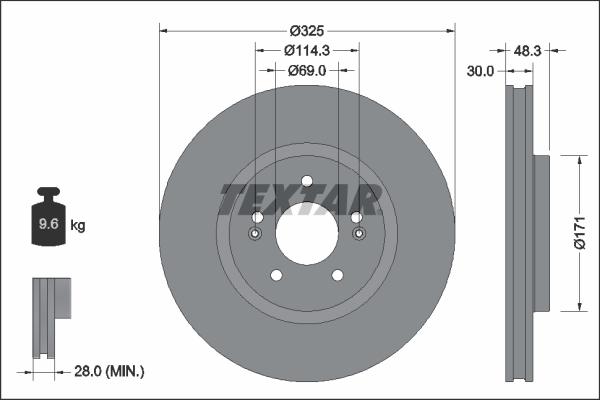 Disc Frana Fata TEXTAR Ventilat Intern 325mm Hyundai Tucson Kia Sportage 1.6-1.6H 11.20- 5 Gauri 69mm 30mm Grosime