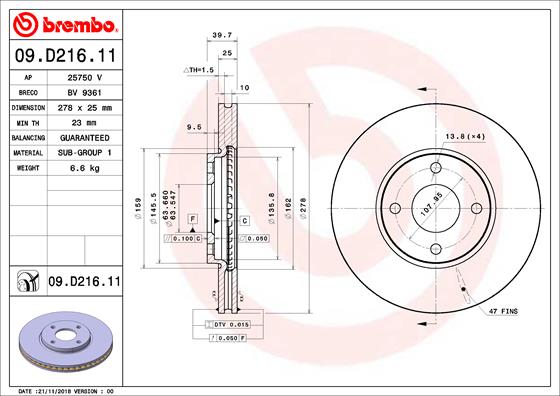 Disc Frana Fata Dreapta/Stanga BREMBO FORD ECOSPORT 1.0/1.5/1.5D 10.12- Diametru 278mm Grosime 25mm 4 Gauri Ventilat Intern