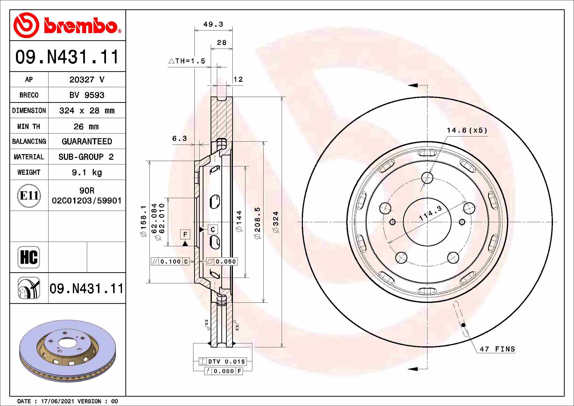 Disc frana fata ventilat intern BREMBO 324mm 28mm TOYOTA VENZA 2.7/3.5 11.08-11.16 5 gauri montare L/R