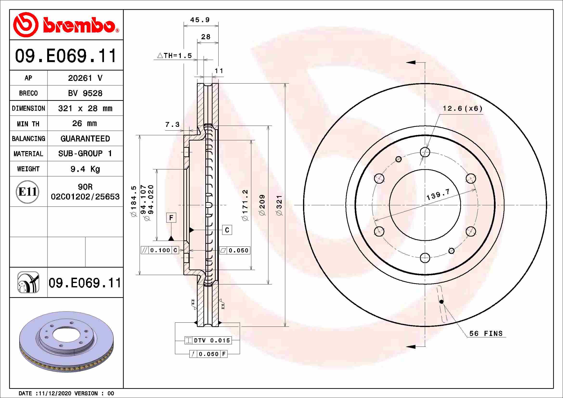 Disc frana BREMBO Fata Dreapta/Stanga MITSUBISHI PAJERO SPORT III 2.4D 08.15- Diametru 321 mm 6 gauri 28 mm grosime