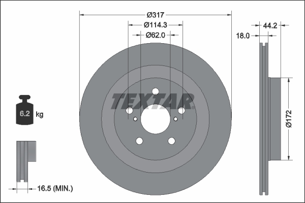 Disc frână TEXTAR ventilat intern spate Lexus UX Toyota RAV4 V 2.0-Electric 317mm 5 găuri 62mm 18mm grosime 44.2mm înălțime