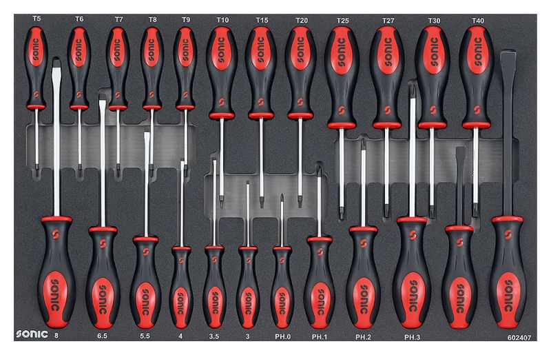 Unelte inserturi carucioare SONIC set 28 szt. dimensiune cartus 570x370 mm 24 piese profil TORX/crestat spuma SFS