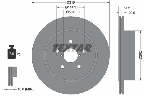 Disc frana TEXTAR Spate Dreapta/Stanga SUBARU IMPREZA 2.0/2.5 11.01-12.07 Diametru 316mm Grosime 20mm Ventilat Intern 5 Gauri