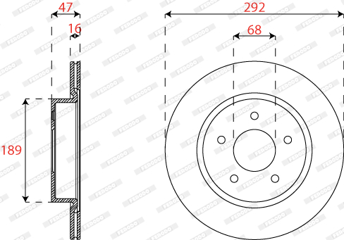 Disc Frana FERODO Set 2 Buc Spate Dreapta/Stanga Nissan Leaf X-Trail III Renault Koleos II Diametru 292mm 5 Gauri Ventilate