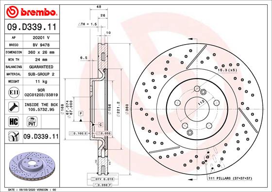 Disc frana BREMBO Spate Dreapta/Stanga Mercedes AMG GT GLC 3.0H/4.0 Diametru 360mm Inaltime 48mm Grosime 26mm 5 Gauri