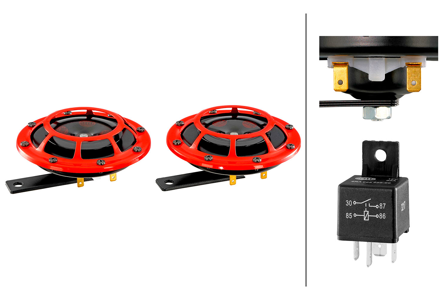 Claxon HELLA 12V 66W 123mm 125mm 85mm 135mm 118dB Ton Puternic Rosu/Negru ECE-R28