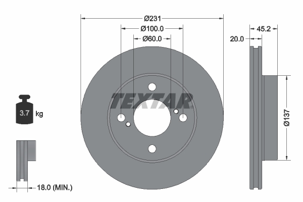 Disc Frana TEXTAR Fata Dreapta/Stanga Suzuki Ignis III 1.2/1.2H 231mm 4 Gauri Ventilat Intern 20mm Grosime