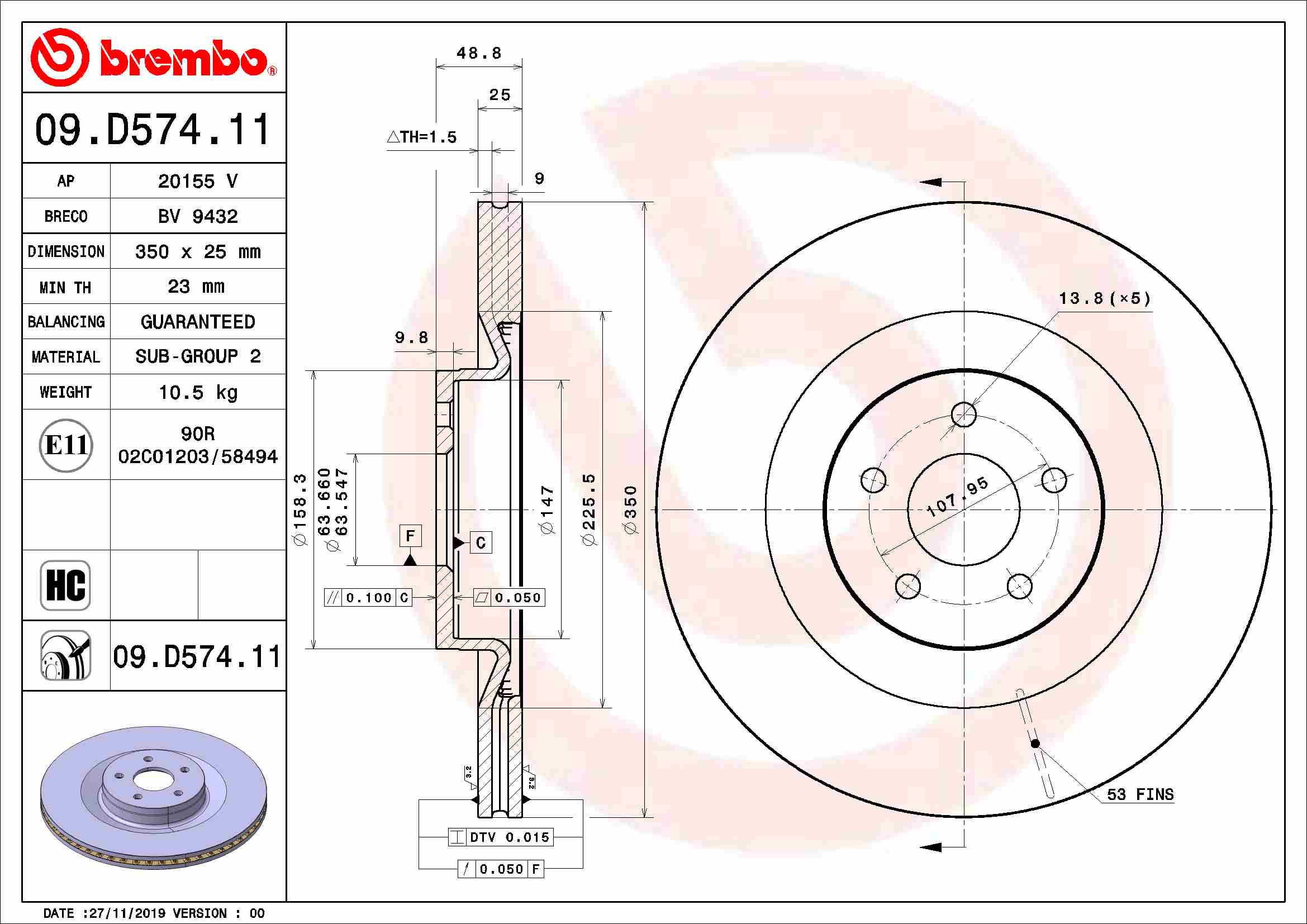 Disc frana BREMBO Fata Dreapta/Stanga FORD FOCUS III 2.3 07.15- Diametru 350mm Grosime 25mm 5 Gauri Ventilat Intern