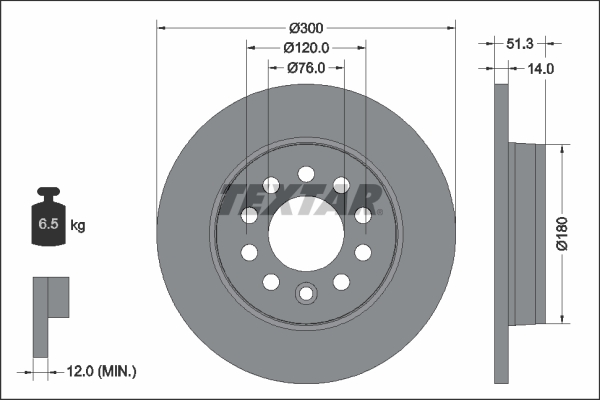 Disc Frana Spate TEXTAR VW MULTIVAN T7 1.4H-2.0D 08.21- Diametru 300 mm Inaltime 51.3 mm Grosime 14 mm 5 Gauri