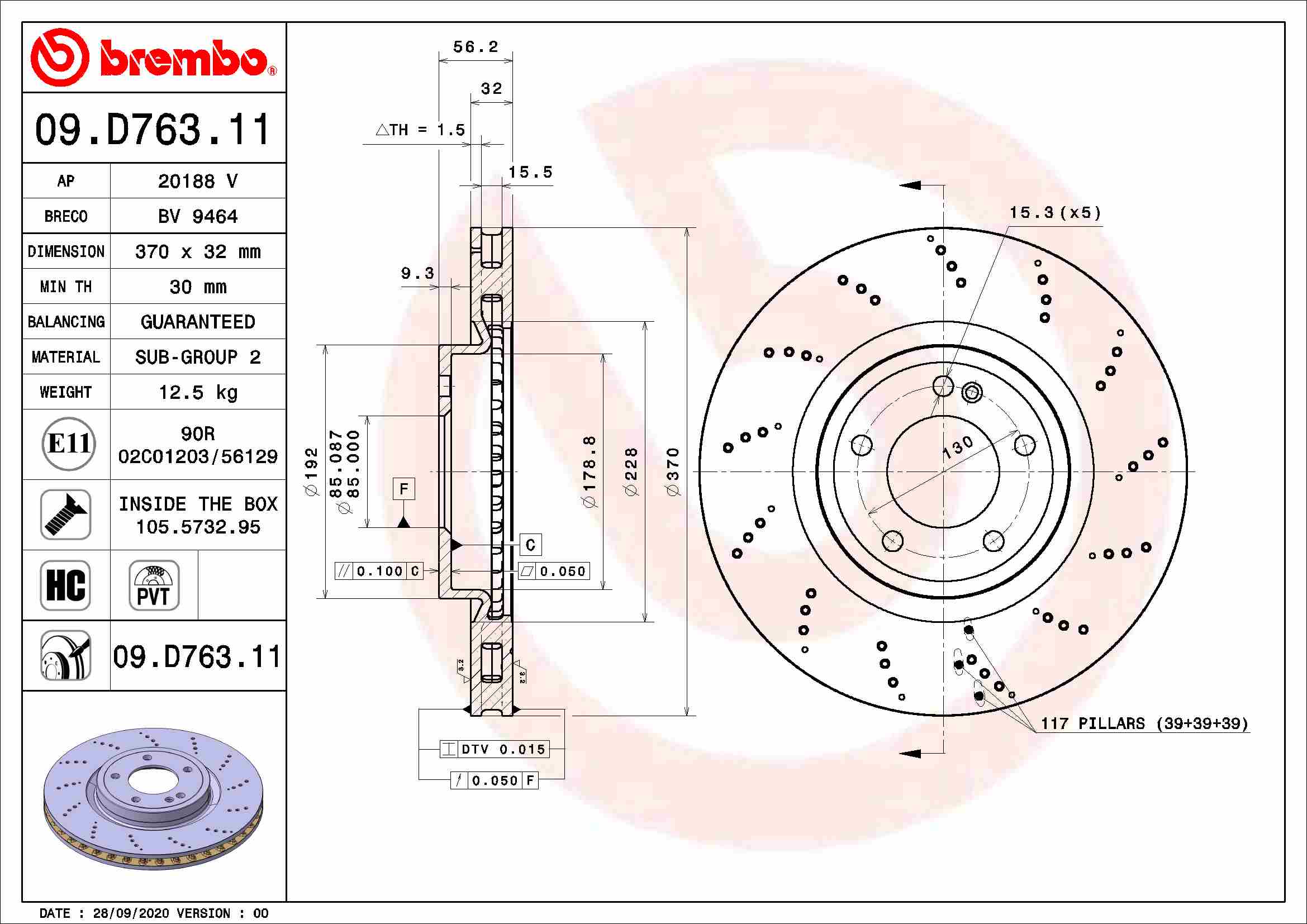 Disc Frana BREMBO Spate Dreapta/Stanga Mercedes G W463 4.0 Ventilat Intern 370mm 32mm 5 Gauri 85mm 56mm 03.18-