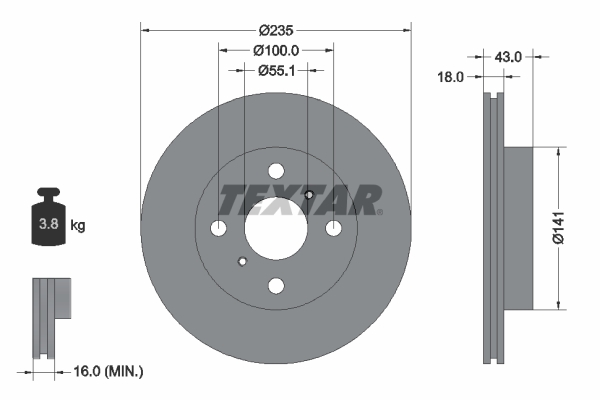 Disc frana TEXTAR Fata Dreapta/Stanga Toyota Yaris Verso 1.0-1.5 99-05 Diametru 235mm Grosime 18mm 4 Gauri Ventilat Intern