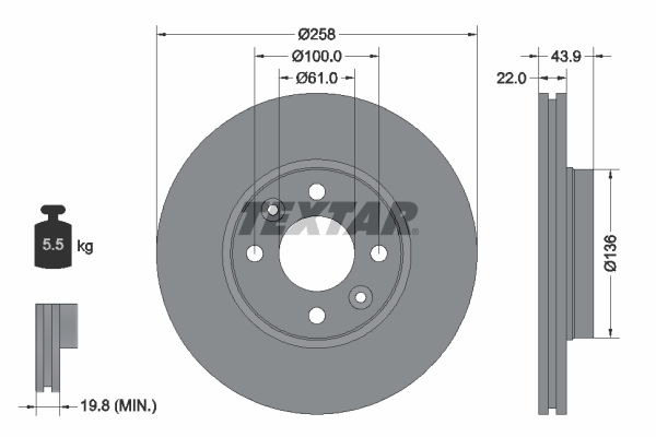 Disc frana TEXTAR Fata Dreapta/Stanga Ventilat 258mm 22mm 4 gauri Mercedes Citan Dacia Dokker