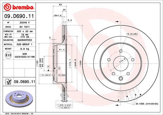 Disc frana Spate BREMBO 350mm 5 Gauri Ventilat INFINITI G NISSAN 370Z 3.7 09.07- Dreapta/Stanga