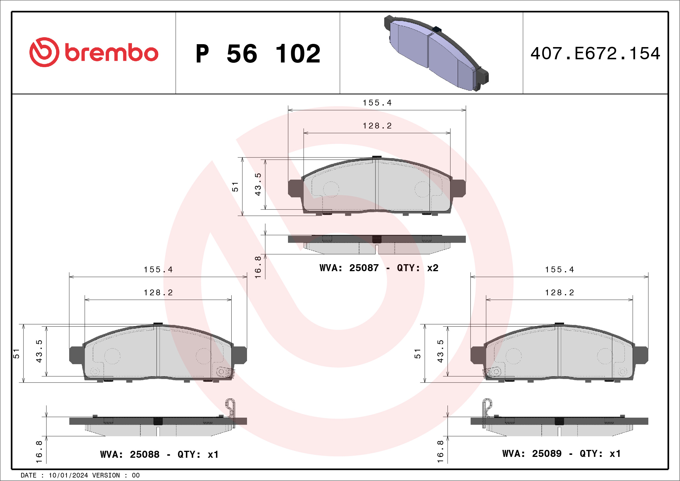 Set placute frana fata BREMBO NISSAN NV200/EVALIA 1.5D/1.6 02.10- latime 155mm inaltime 51mm grosime 17mm senzori uzura 2