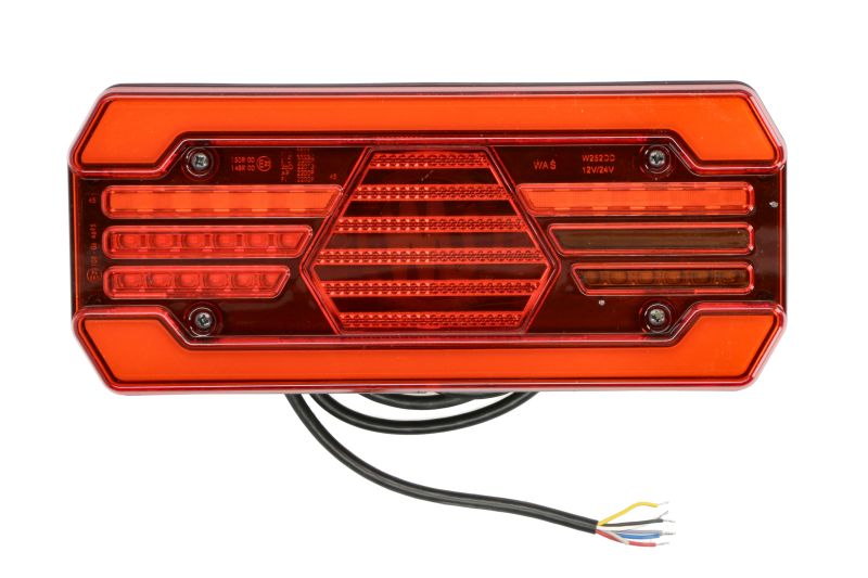 Stopuri spate WAS LED 12V/24V cu lumini frână, mers înapoi, anti-ceață, IP6K9K, lungime cablu 0.2m, culoare sticlă roșu, semnalizator portocaliu