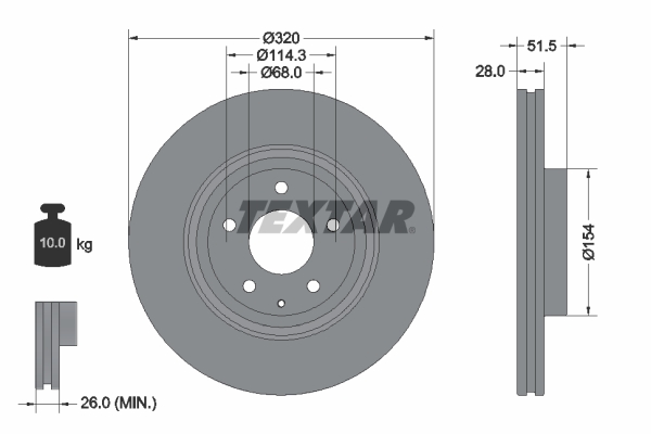 Disc frana TEXTAR Fata Dreapta/Stanga Mazda 6 CX-5 CX-9 2.2D/2.5 06.16- Ventilat Exterior Ø320mm Grosime 28mm 5 Gauri