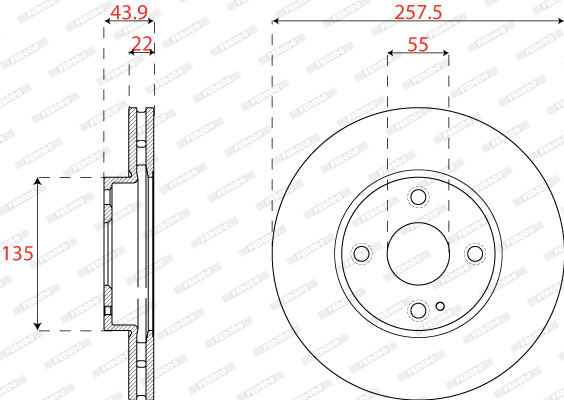 Disc frana ventilat Fata Dreapta/Stanga MAZDA 2 MX-5 IV RF TARGA 1.5 Diametru 258mm Inaltime 44mm Grosime 22mm 4 Gauri FERODO