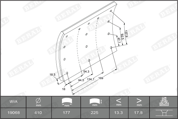 Set Garnituri Fricțiune Frână Tambur BERAL Ferodou Sabot Frână 410x225mm Spate Grosime 20.3mm Lățime 225mm Lungime 192mm 176mm