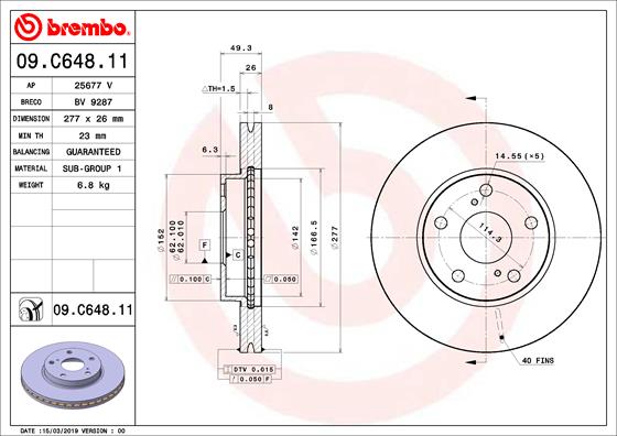 Disc Frana Fata Dreapta/Stanga BREMBO Toyota Auris Corolla 277mm 5 Gauri Ventilat Intern 26mm Grosime 23mm Minima