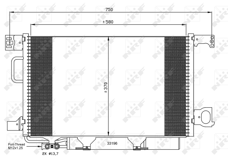 Condensator climatizare NRF aluminiu MERCEDES-Benz C-Class W203 370mm înălțime 580mm lățime 16mm grosime 13.7mm admisie/evacuare