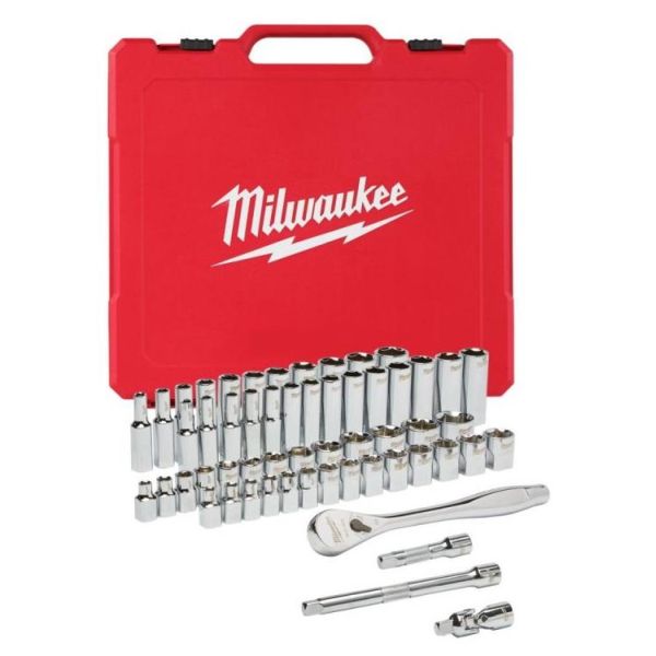 Set scule MILWAUKEE 56 piese profil hexagonal 6 puncte mufa lunga scurta antrenare 3/8 inch in cutie plastic