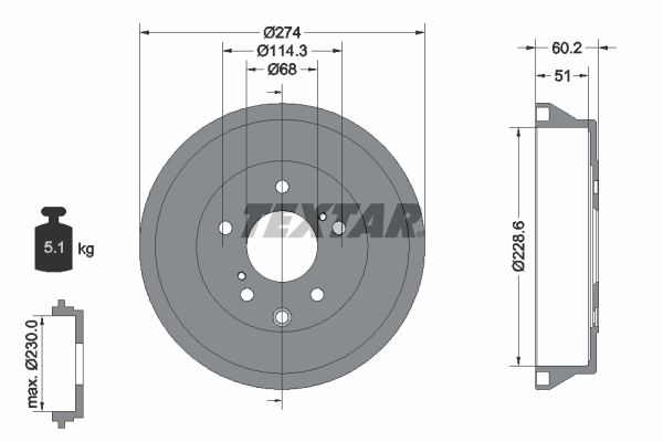 Tambur frana spate TEXTAR NISSAN JUKE 1.2/1.5D/1.6 06.10- Diametru interior 228.6 mm exterior 274.0 mm Inaltime 60.2 mm