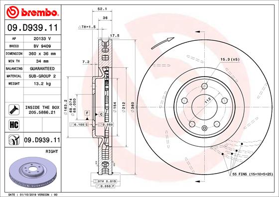 Disc frana Fata Dreapta BREMBO 360mm 5 Gauri Porsche Macan 2.0-3.6 02.14-