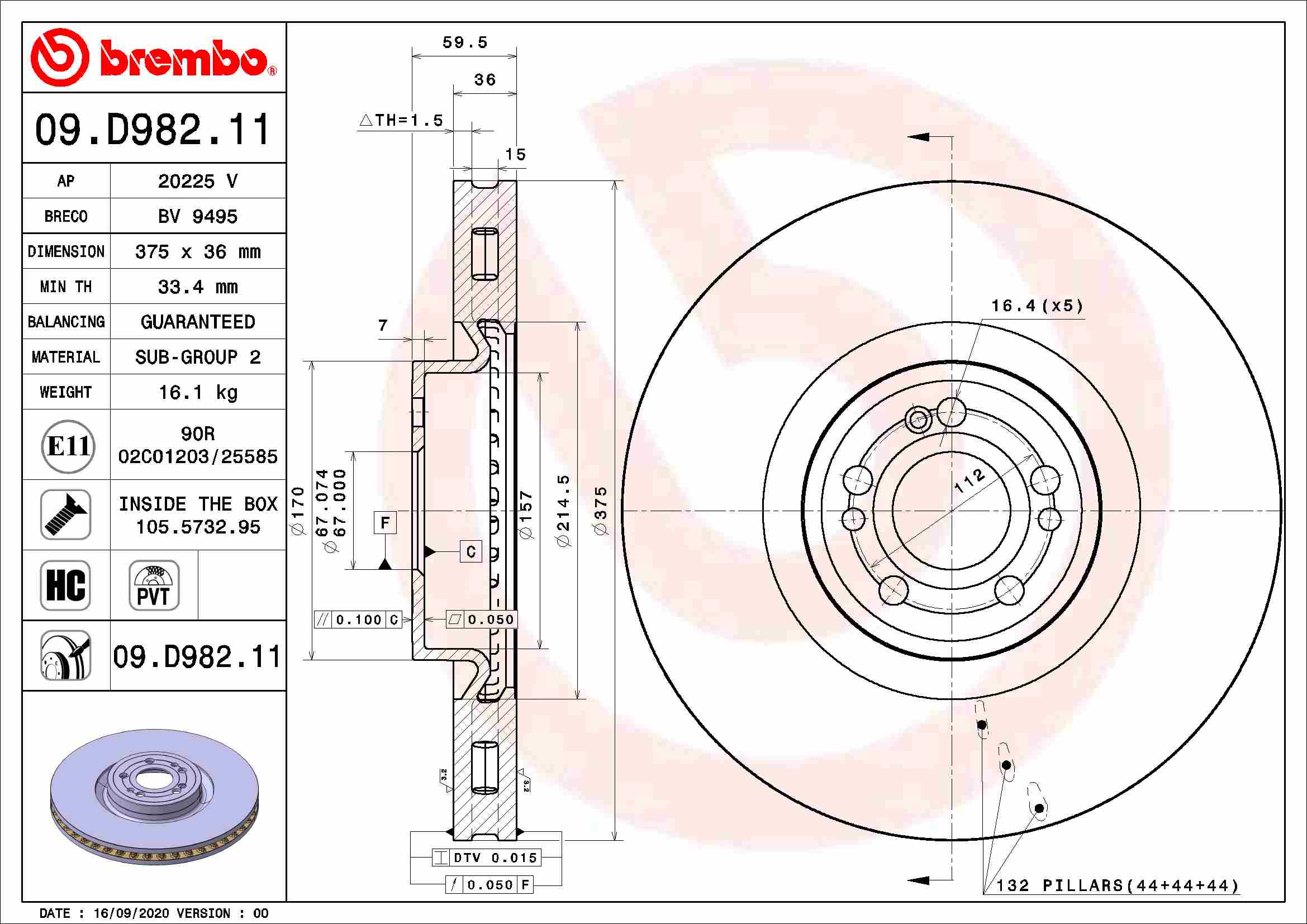 Disc Frana BREMBO Mercedes-Benz 375mm 5 Gauri Ventilat Intern Fata 36mm Grosime 67mm Diametru Centrare 59.5mm Inaltime