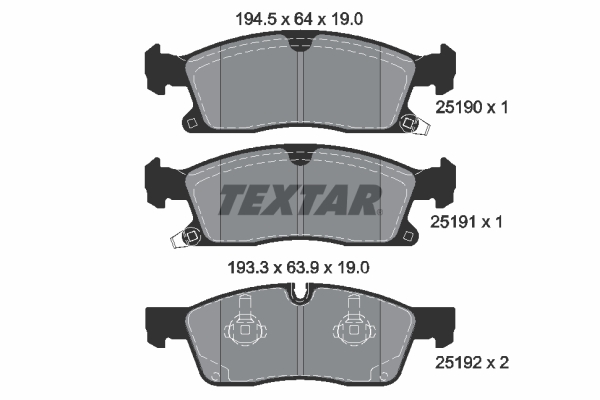 Set placute frana Fata TEXTAR DODGE DURANGO JEEP GRAND CHEROKEE Inaltime 64 mm Latime 194.5 mm Grosime 19 mm Senzor uzura Da