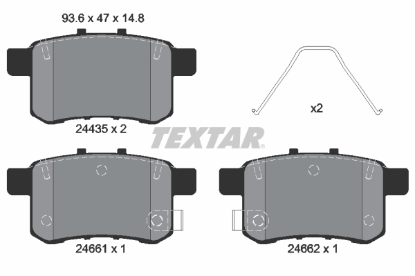 Set placute frana disc spate TEXTAR pentru ACURA TSX HONDA ACCORD IX VIII X CIVIC III IV 1.5-3.5 03.86- Inaltime 46.6mm Latime 93.5mm Grosime 14.8mm