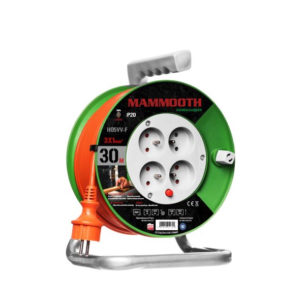 Prelungitor electric MAMMOOTH tambur gradina 30m 230V 3x1mm² 4 prize E 2500W IP20 plastic