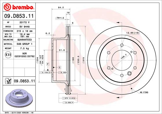 Disc frana BREMBO Spate Dreapta/Stanga Mitsubishi Pajero Sport III 2.4D 08.15- 315mm 6 gauri Ventilat Intern