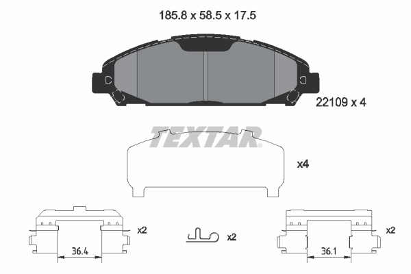 Set placute frana disc Fata FORD USA MUSTANG 2.3/3.7/5.0 02.14- TEXTAR Inaltime 58.5mm Latime 185.8mm Grosime 17.5mm