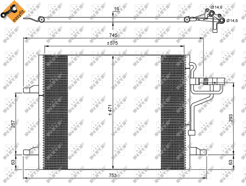 Condensator climatizare aluminiu FORD KUGA I 2.0D/2.5 02.08-11.12 Înălțime 471mm Lățime 575mm Grosime 16mm NRF