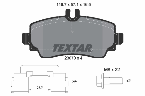 Set placute frana Fata Mercedes A W168 1.4-2.1 07.97-08.04 TEXTAR 57.1mm Inaltime 116.4mm Latime 16.5mm Grosime