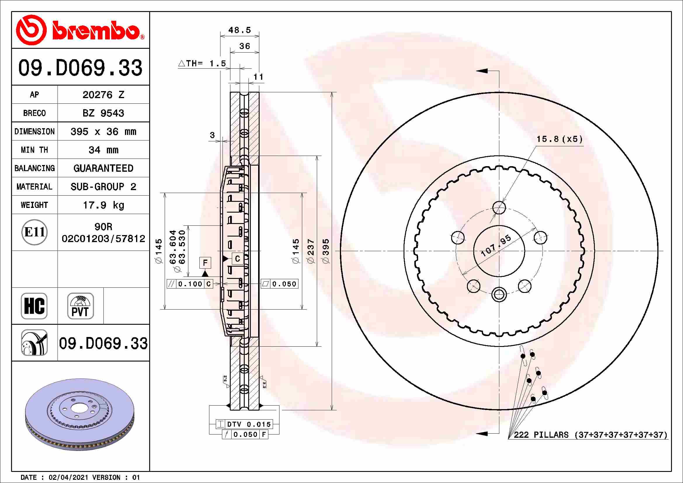 Disc frana BREMBO Fata Dreapta/Stanga LAND ROVER RANGE ROVER VELAR 5.0 Diametru 395mm Inaltime 48.5mm 5 Gauri Ventilat Intern