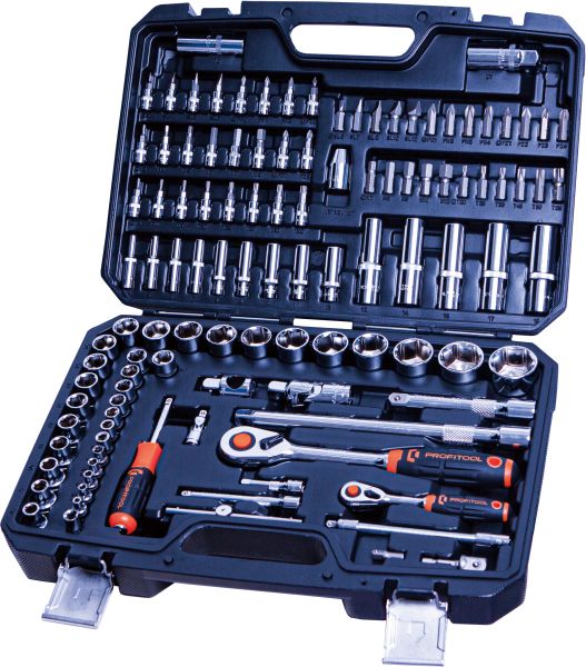 Set scule PROFITOOL 113 piese Dimensiune tubulara 1/2 inch 1/4 inch Echipament service Scule de mana Chei combinate